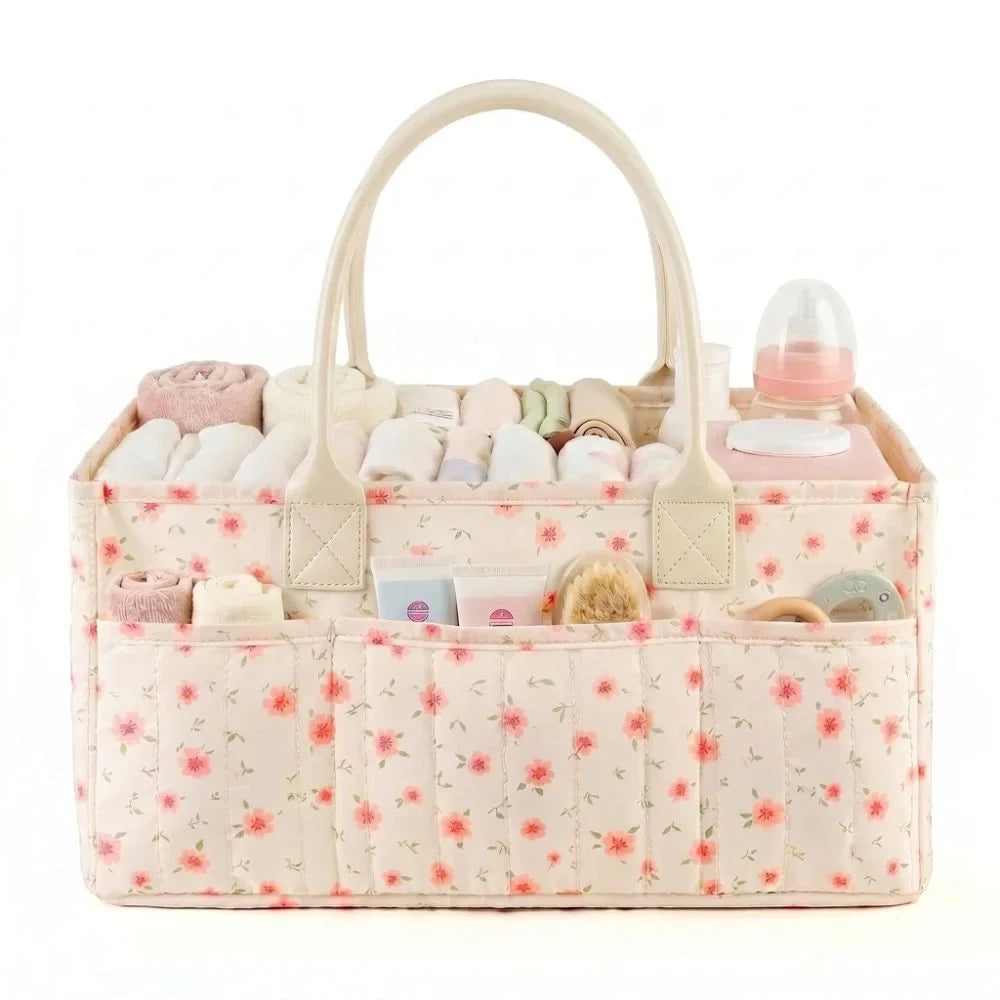 Large Capacity Diaper Organizer Portable Floral Nursery Storage Basket Newborn Essentials Diaper Storage Bag Outdoor Travel