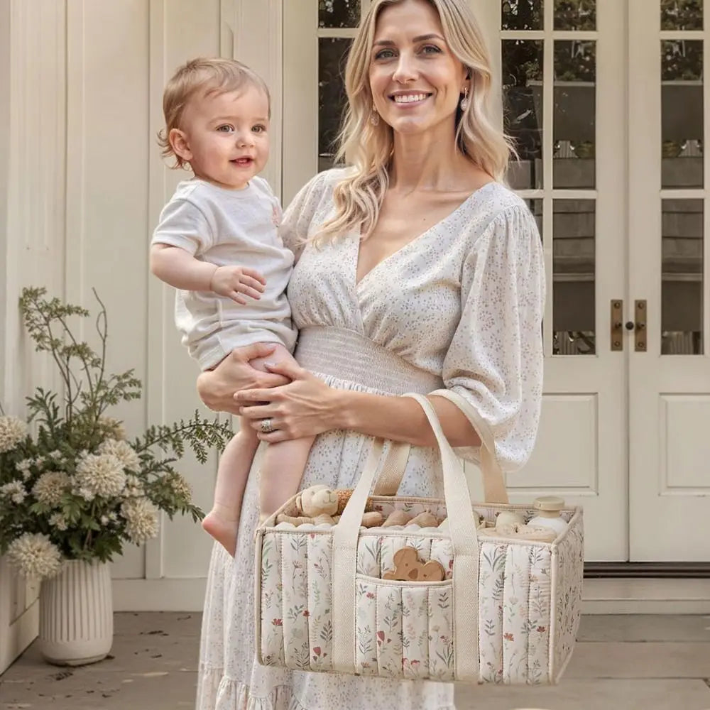 Large Capacity Diaper Organizer Portable Floral Nursery Storage Basket Newborn Essentials Diaper Storage Bag Outdoor Travel