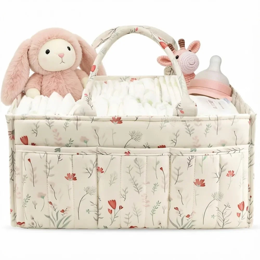 Large Capacity Diaper Organizer Portable Floral Nursery Storage Basket Newborn Essentials Diaper Storage Bag Outdoor Travel