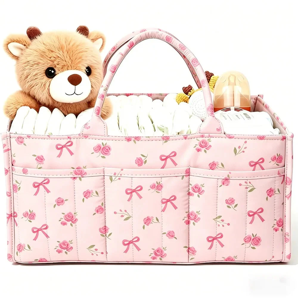 Large Capacity Diaper Organizer Portable Floral Nursery Storage Basket Newborn Essentials Diaper Storage Bag Outdoor Travel