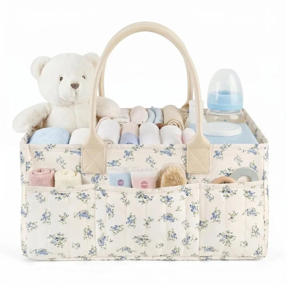 Large Capacity Diaper Organizer Portable Floral Nursery Storage Basket Newborn Essentials Diaper Storage Bag Outdoor Travel